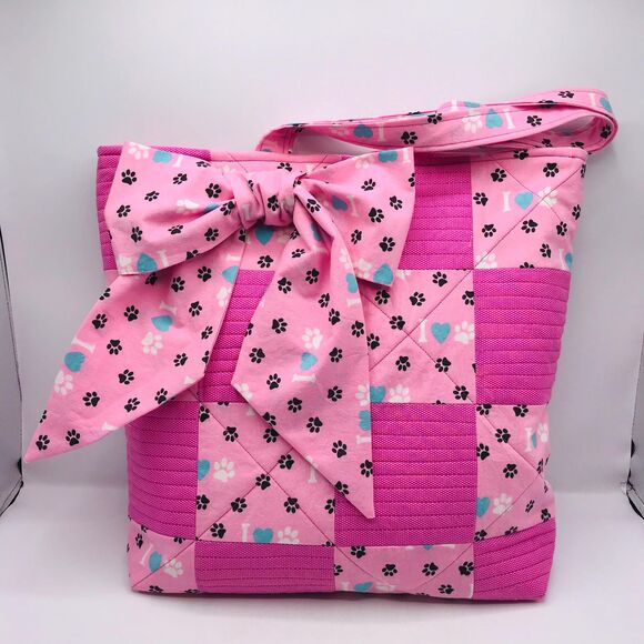 Handmade Tote Bag: Puppy Love Handbag Pink, Teal, Animal Lover Large Bow - Picture 10 of 11